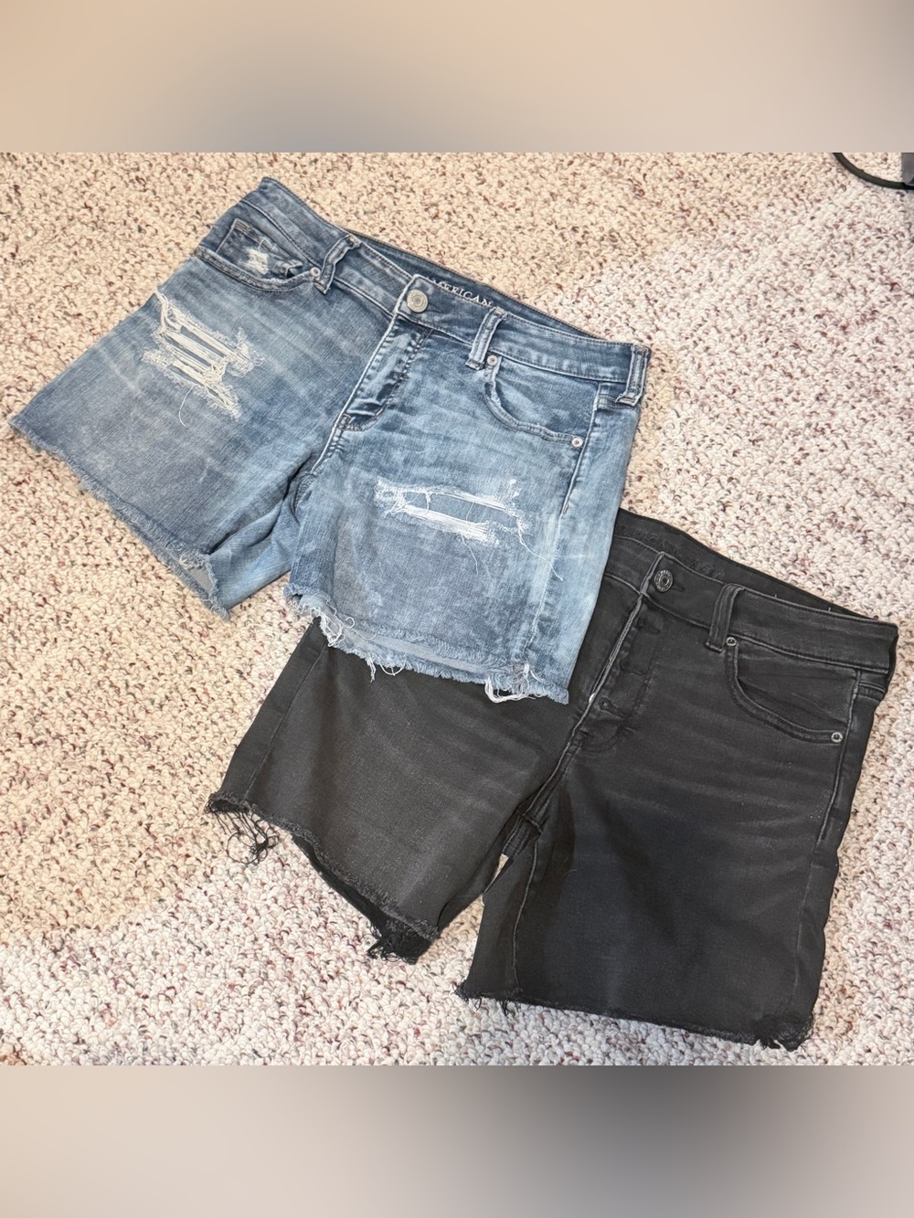 American Eagle -Light Blue & Black Jean Shorts Distressed 10/12- Super Stretch